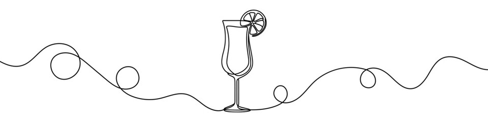 Wall Mural - Minimalist vector illustration of a cocktail glass with a slice of lemon, created using a continuous line