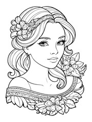 Antistress coloring page attractive woman. Vector coloring book. A beautiful female silhouette with small details and elements,flowers and decor. The design of the poster for coloring.Drawing pattern.