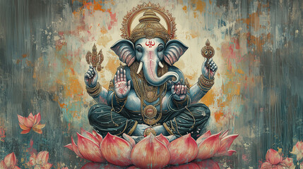Wall Mural - A radiant image of Lord Ganesha, with vibrant ornaments, seated on a lotus while holding his iconic attributes and radiating wisdom