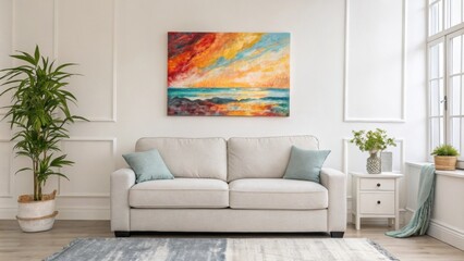 Poster - Featuring a bright and airy atmosphere the minimalist living room has a striking large abstract painting in vibrant hues above a contemporary twoseater couch creating an