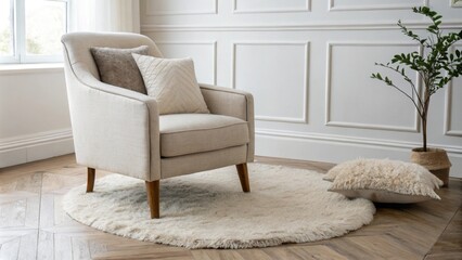 Aufkleber - A tranquil retreat highlights a layered design featuring a plush wool rug that invites feet and muted linen throw pillows that offer a touch of warmth. A single accent chair