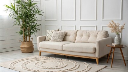 Poster - A modern lounge area with a low chic sofa a dramatic tall plant that adds height and intricately layered rugs that bring warmth and depth to the design.