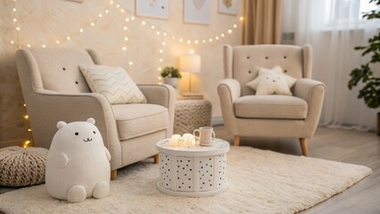 Aufkleber - A tranquil room arrangement that showcases streamlined furniture silhouettes paired with a soft neutral color scheme and ambient lighting to foster a relaxed atmosphere.