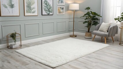 Fototapete - Minimalist decor emphasizes a large white area rug on light gray flooring complemented by a single contemporary floor lamp in the corner and abstract art in muted tones on