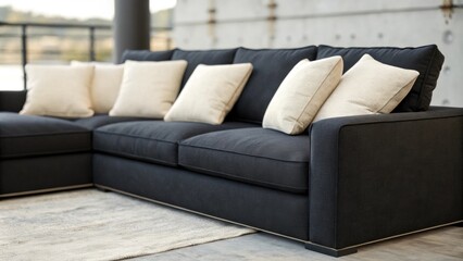 Poster - A sophisticated interior displays a streamlined black sectional accentuated by an array of soft cream throw pillows inviting relaxation while maintaining an elegant