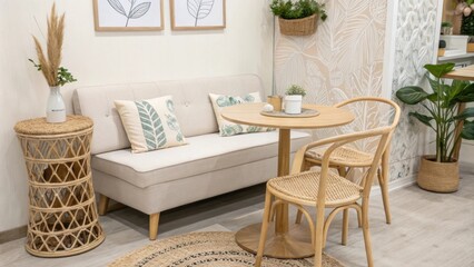 Poster - A serene interior scene highlighting a chic spacesaving couch alongside light wood chairs and a decorative side table all set against a backdrop of calming neutral decor.