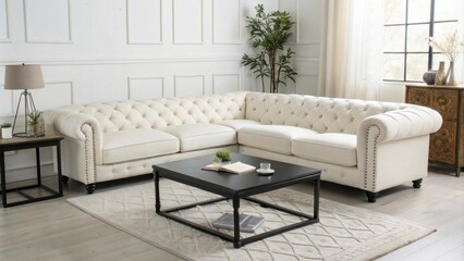 Poster - A bright and open space is highlighted by a sophisticated white sectional sofa a stark black coffee table and a gentle area rug all contributing to an elegant yet understated
