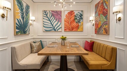 Poster - An elegant dining space dominated by a simple wooden table enhanced by large colorful abstract canvases on the walls and eyecatching metallic decorative elements tered