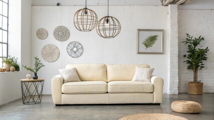 Poster - An airy living room showcases a creamcolored sofa paired with globeshaped pendant lights minimalist wall decorations and a polished concrete floor that enhances the