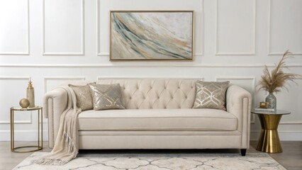 Poster - The minimalist room showcases a stylish couch with a modern silhouette a captivating abstract artwork as a focal point and subtle metallic accessories that provide a touch of