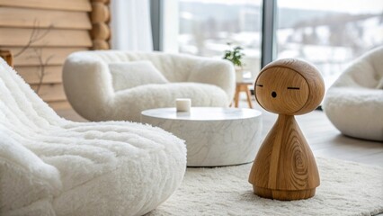 Aufkleber - A contemporary lounge filled with soft white furnishings where a bold natural wood sculpture stands as a focal point enhancing the rooms sophisticated aesthetic.