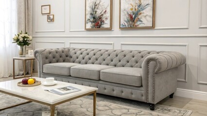 Poster - A stylish living room layout includes a textured gray tufted sofa and a cleanlined coffee table enhanced by dynamic artwork that adds color and energy to the atmosphere.