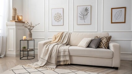 Poster - An airy living area showcasing a sleek lowprofile sofa paired with layered blankets draped over the armrest minimalist artwork on the walls and a small elegant side table