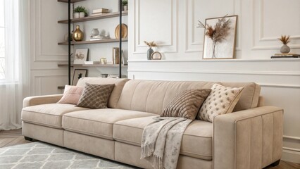 Poster - The elegantly designed living room highlights a taupe sectional sofa accompanied by a variety of soft fabrics and tastefully arranged decorative elements on floating