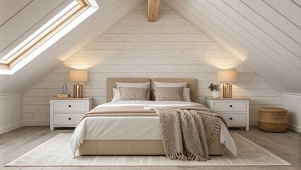 Aufkleber - An airy bedroom with a sloped ceiling emphasizing clean lines and simplicity. The bed is dressed in soft neutral tones flanked by minimalist wooden lamps while a textured