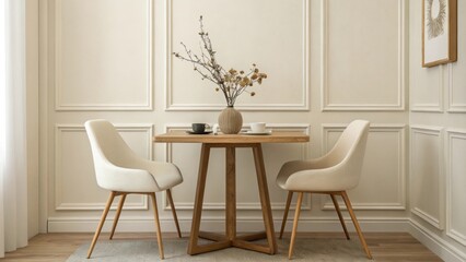 Poster - A minimalist dining area showcasing a simple wooden table with sleek lightcolored chairs. The walls are a calming offwhite and a small vase with dried flowers sits at the