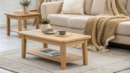 Poster - An inviting seating area showcasing a light oak coffee table and matching side tables accented by a warm neutraltoned sofa adorned with a chunky knitted throw for added