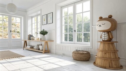 Poster - A stylish interior characterized by minimalist wooden decor and bright white walls enhanced by oversized windows that create a bright and inviting atmosphere.