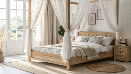Aufkleber - A bright and airy bedroom design emphasizes a light wood bed delicate linen curtains and minimal decor elements that promote relaxation and tranquility.