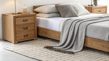 Poster - A peaceful retreat showcasing elegant wooden nightstands gently draped soft gray blankets on a spacious bed and a thick cozy rug that adds depth and warmth to the room.