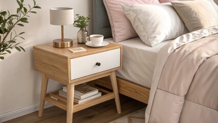 Aufkleber - A minimalist bedroom scene showcasing a simple wooden nightstand paired with plush bedding in soft hues all bathed in warm gentle light.