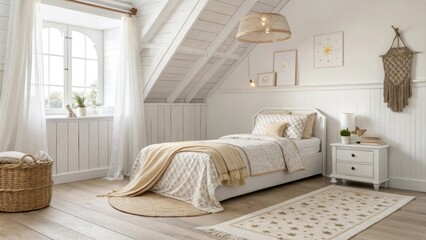 Poster - A bright and airy bedroom with clean white walls a light wood floor and a comforter draped with inviting neutral tones creating a peaceful retreat with understated decor.