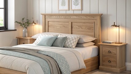 Poster - An understated bedroom design featuring a natural wood headboard elegantly layered bedding in calming hues and gentle lighting creating a tranquil atmosphere.
