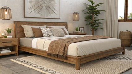 Poster - A stylish bedroom retreat highlighting a wooden platform bed dressed in earthy tones with soft textures and minimalistic decor enhancing the calming neutral color scheme.
