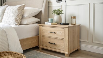 Poster - A calming bedroom design with light wood furniture including a sleek nightstand and an inviting bed with plush white bedding all set against soft neutralcolored walls for a