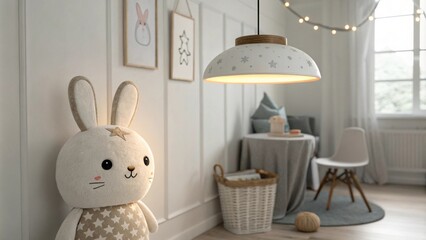 Poster - The room showcases a simple pendant light casting a warm glow illuminating a neutral color scheme of soft grays and whites enhancing the minimalist aesthetic.