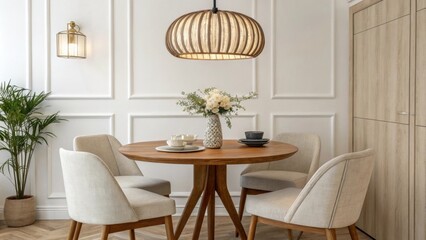 Poster - A serene dining space defined by a round teak table complemented by cushioned upholstered chairs and a stylish retro pendant lamp that enhances the inviting atmosphere.