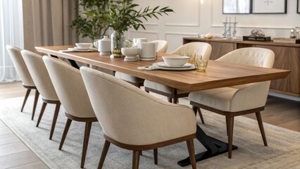 Aufkleber - A chic dining room layout highlighted by a long warm wooden table paired with streamlined curvedback chairs all set against a backdrop of minimalistic decor for a serene