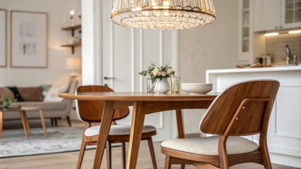 Poster - This dining area integrates classic midcentury design elements presenting a warm wood table and chairs paired with understated decor all accented by an extravagant