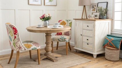 Poster - A cozy room with a rustic dining table accented by colorful upholstered chairs in eclectic prints paired with a stylish sideboard that exhibits a combination of drawer and