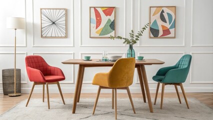 Poster - An elegant dining room displaying a sleek minimalist wooden table and eyecatching colorful chairs with dynamic abstract art pieces adding a touch of retro flair on the