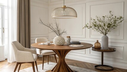 Poster - A serene room highlighted by a round walnut table accented by understated decor pieces and a retro pendant light dangling gracefully creating an elegant atmosphere.