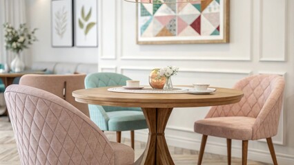 Poster - A nostalgic dining area adorned with a round wooden table that reflects light encircled by cozy upholstered chairs in pastel hues with an abstract geometric painting that