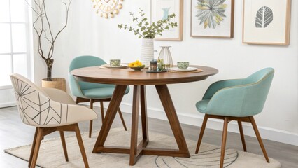 Poster - A contemporary dining setting highlights a warm walnut table retrostyle chairs in playful designs and eyecatching abstract art pieces that create a dynamic visual appeal.
