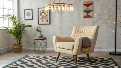 Poster - A stylish lounge featuring a retro armchair and a geometricpatterned rug highlighted by a statement chandelier that creates a focal point against a backdrop of eclectic wall