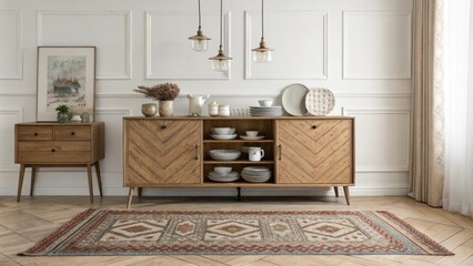Poster - An elegantly designed dining room with a retro sideboard displaying vintage dishware complemented by a patterned area rug and minimalist light fixtures hanging overhead.