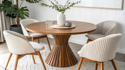 Poster - A harmonious arrangement highlights a round teak table elegantly surrounded by modern chairs while an artistic centerpiece with retro vibes serves as a focal point uniting