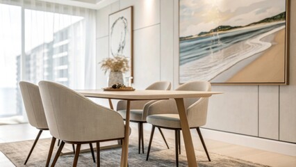 Poster - The interior features a stylish rectangular table accompanied by streamlined chairs with an expansive wall displaying an oversized abstract piece that enhances the modern