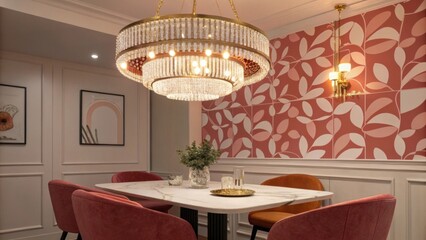 Aufkleber - A striking chandelier with a warm glow hangs above the table while the walls are adorned with bold abstract wallpaper that adds a playful touch to the sophisticated