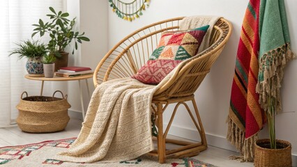 Poster - A charming corner is highlighted by a textured woven blanket draped over a stylish rattan chair surrounded by eclectic decor and splashes of vibrant fabric inviting