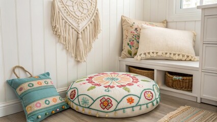 Poster - This inviting nook includes a soft oversized floor cushion paired with an array of bright embroidered textiles and a textured macrame piece hanging elegantly on the wall.