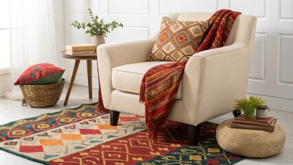 Poster - An inviting corner for relaxation showcasing a plush lowprofile armchair surrounded by a mix of colorful rugs and accented by a bold intricately designed throw draped over