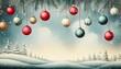 © Monika - Christmas illustration with hanging red baubles, snow and Christmas trees in the distance