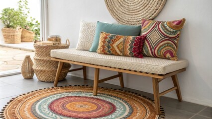 Poster - An inviting corner showcasing a stylish woven bench with an assortment of colorful pillows set against a backdrop of intricately layered rugs that enhance the spaces warmth.