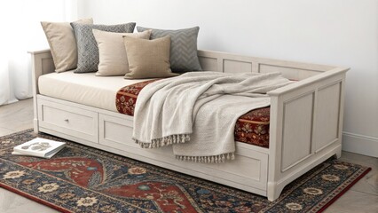 Poster - In a serene corner a comfortable daybed covered with an array of cozy blankets sits atop a richly patterned area rug while soft pillows invite relaxation creating an