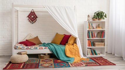 Aufkleber - The reading corner showcases a simple daybed draped with an assortment of vibrant throws and surrounded by a richly colored rug providing a warm and relaxing retreat for
